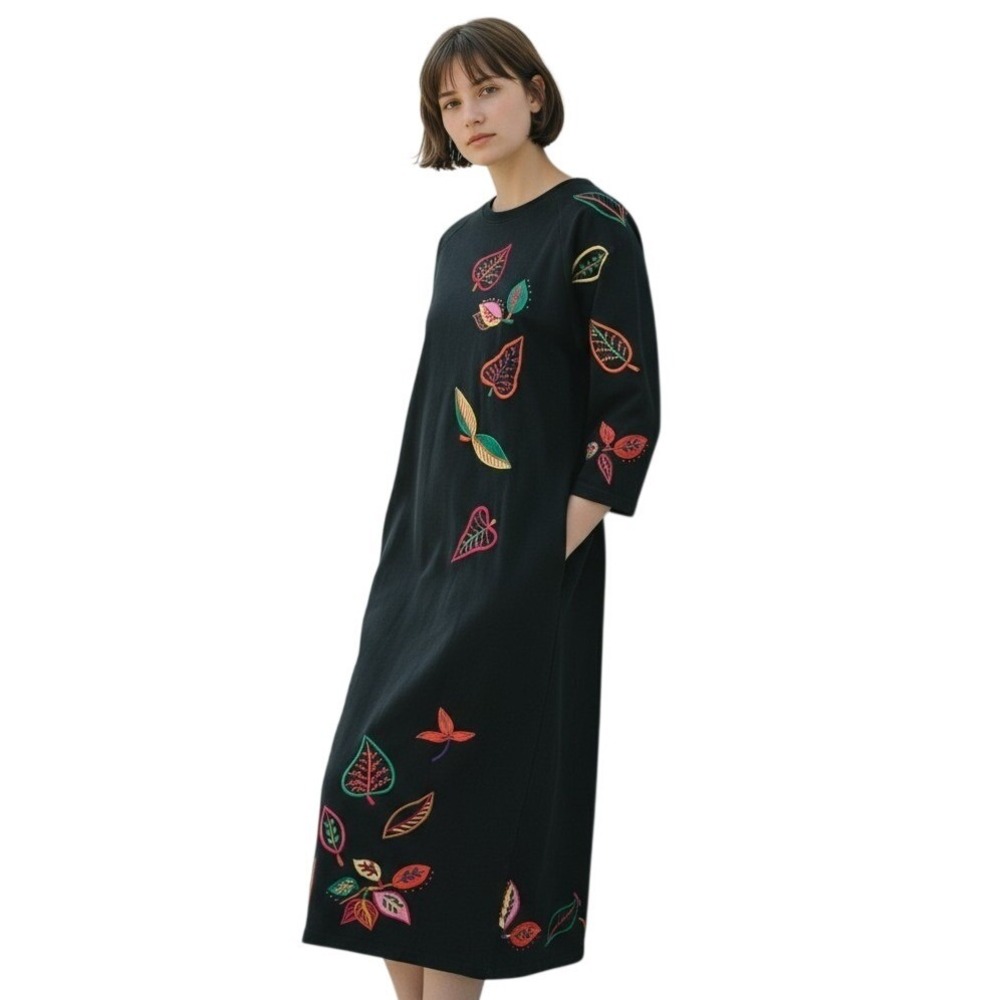 Michael Simon‎ Women's Midi Dress Black Embroidered Multi-Color Leaves Size S